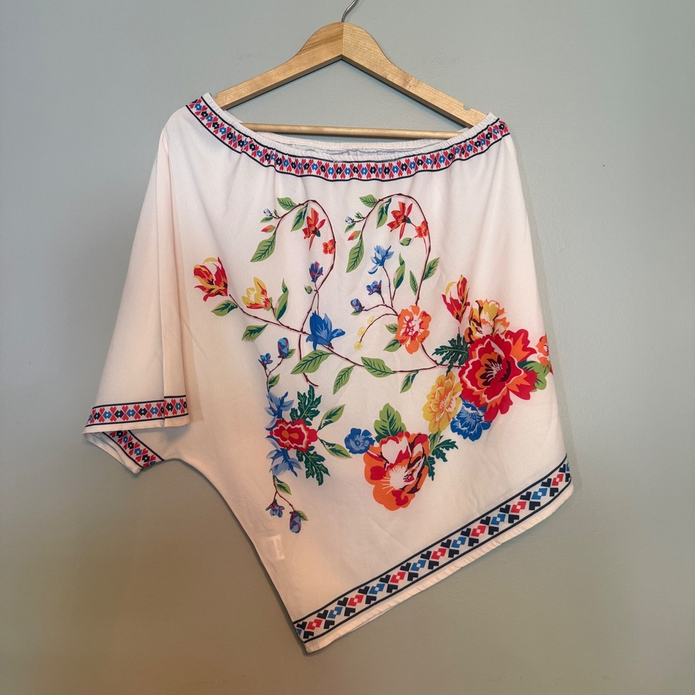 Breathe Floral One‎ Shoulder Poncho Top Cream Multicolor Asymmetric Large